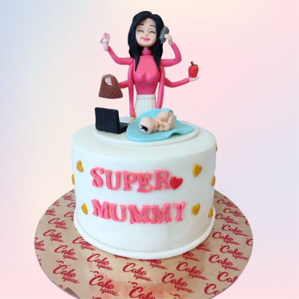 Loving 1kg birthday cake decorated with "Super Mom" theme and colorful fondant accents