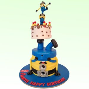 Superb Minion Theme Anti Gravity First Birthday Cake 5 Kg. Impressive Minion theme anti-gravity first birthday cake with floating elements