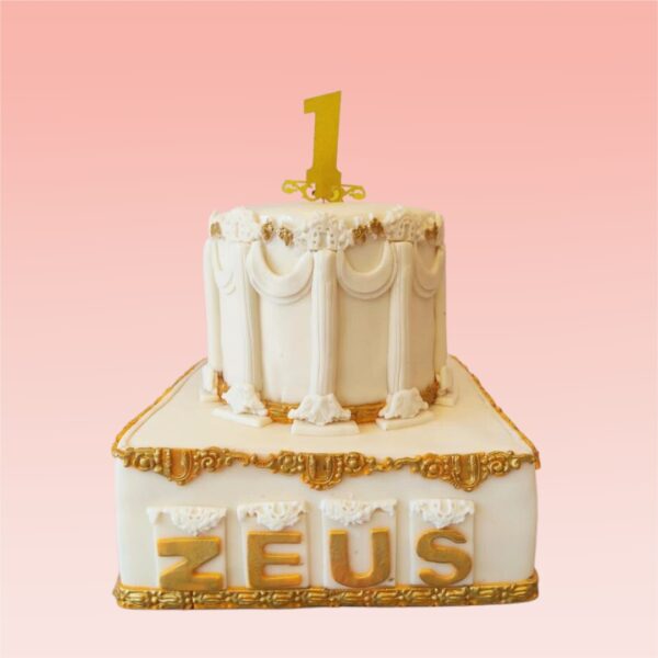 Traditional Gold White First Birthday Cake 5 Kg in gold and white, featuring elegant decorations and a sophisticated design, perfect for a classic celebration.