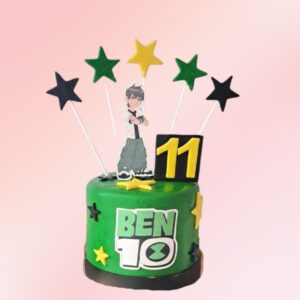 Amazing Ben 10 Hero themed Kids Birthday Cake. Green and black Ben 10-themed birthday cake with Omnitrix design