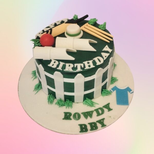 Amazing Cricket Themed Boys Birthday Cake 1 kg. Birthday cake decorated with cricket bat, ball, and pitch designs