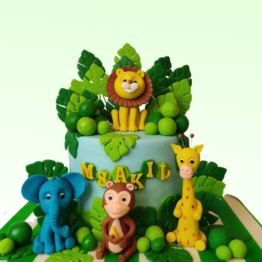 Amazing Forest Animal Themed Kids Birthday Cake 1 kg. Woodland-themed birthday cake with cute forest animal decorations