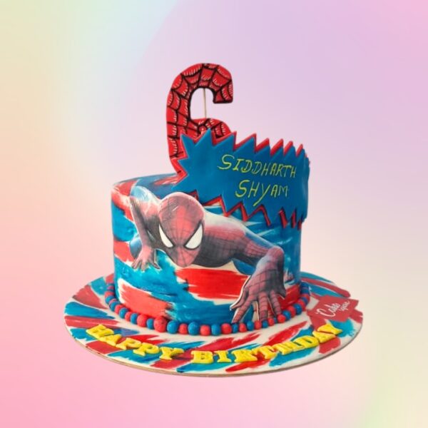 Amazing Spider verse Themed Birthday Cake 1 kg. Round, single-tier cake with black fondant, decorated with colorful comic-style webs, Spider-Man logo, and miniature Spider-Man figure on top