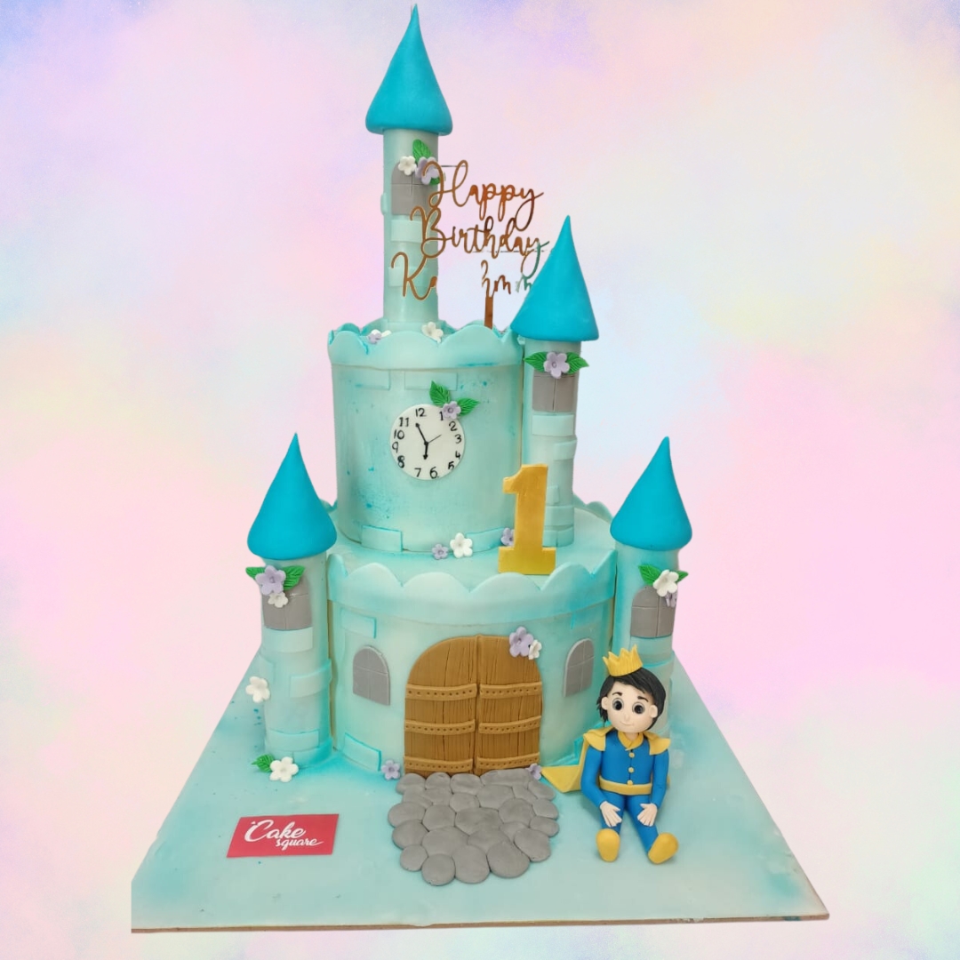 Awesome Blue Castle Boys First Birthday Cakes 3 Kg, featuring a majestic castle design and royal blue decorations, perfect for a grand celebration.