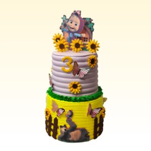 Awesome Masha-Bear Themed Kids Birthday Cake 3 kg. Birthday cake decorated with Masha and the Bear characters and forest elements