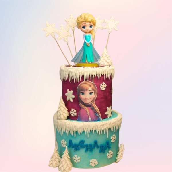 Delightful Frozen Anna Elsa Birthday Cake 5 Kg. A magical Frozen-themed cake featuring Anna and Elsa, perfect for a Disney-loving little girl.