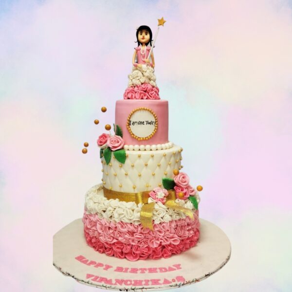 Tall Princess 3-Tier Girls First Birthday Cake 7 Kg. A grand and elegant three-tier birthday cake for a little girl's first birthday.