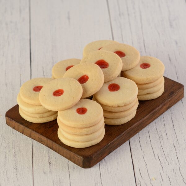 Strawberry Jam Cookies 150 gms. Golden cookies with strawberry jam centers, 150-gram serving.