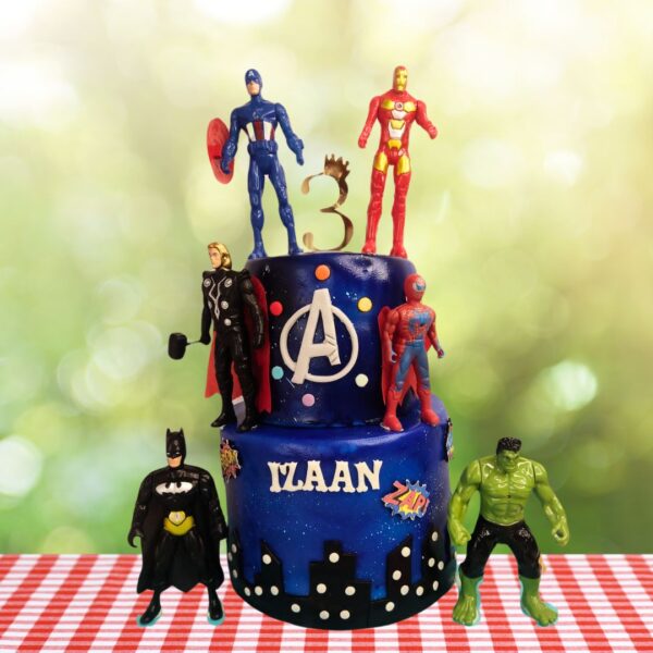 Amazing 2-tier Avengers theme birthday Cake 3 Kg. Epic 3kg two-tiered Avengers-themed birthday cake featuring multiple superhero elements