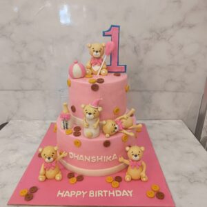 Awesome Pink Teddy Theme First Birthday Cake 3 Kg, featuring cute pink teddy bear decorations and a charming design, perfect for a sweet celebration.