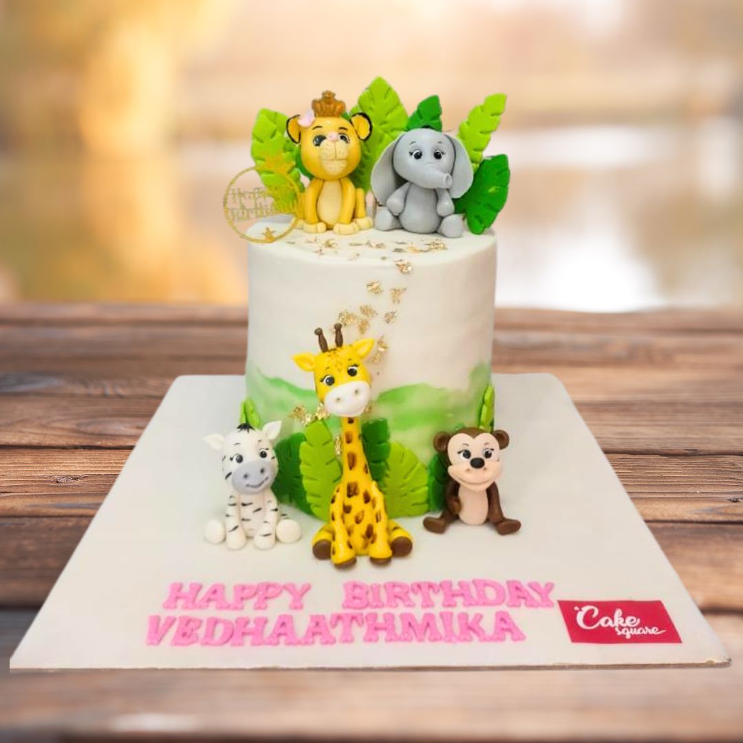 "Baby Animals Second Birthday Cake for Kids 1 Kg with cute baby animal decorations, perfect for a charming and delightful second birthday celebration."