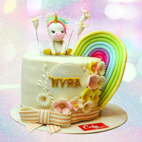 "Cute Unicorn Girls Birthday Cake 1 Kg with magical unicorn decorations, perfect for a whimsical and enchanting birthday celebration."