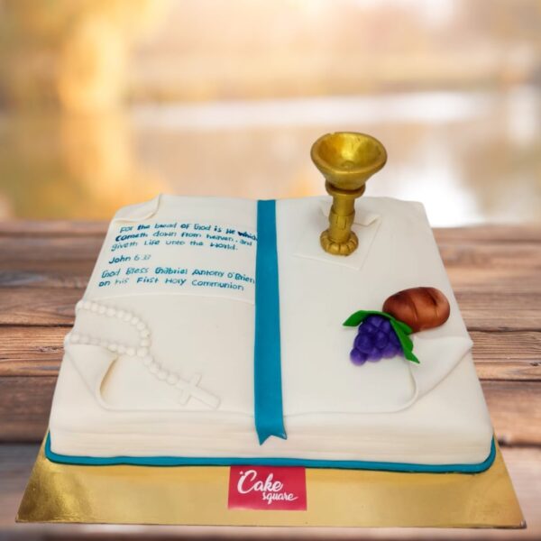A First Holy Communion Cake Chocolate Flavour 2 Kg with ivory fondant covering, decorated with a edible golden chalice and grape designs.