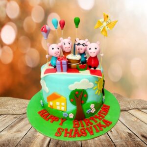 "Peppa Pig and Family Theme Kids Birthday Cake 1 Kg with cheerful Peppa Pig decorations, perfect for a delightful and fun birthday celebration."