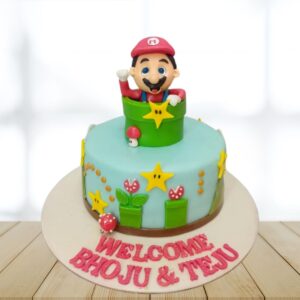 Super Mario theme kids birthday cake 2 kg. Colorful 2kg Super Mario themed birthday cake featuring iconic game elements and characters