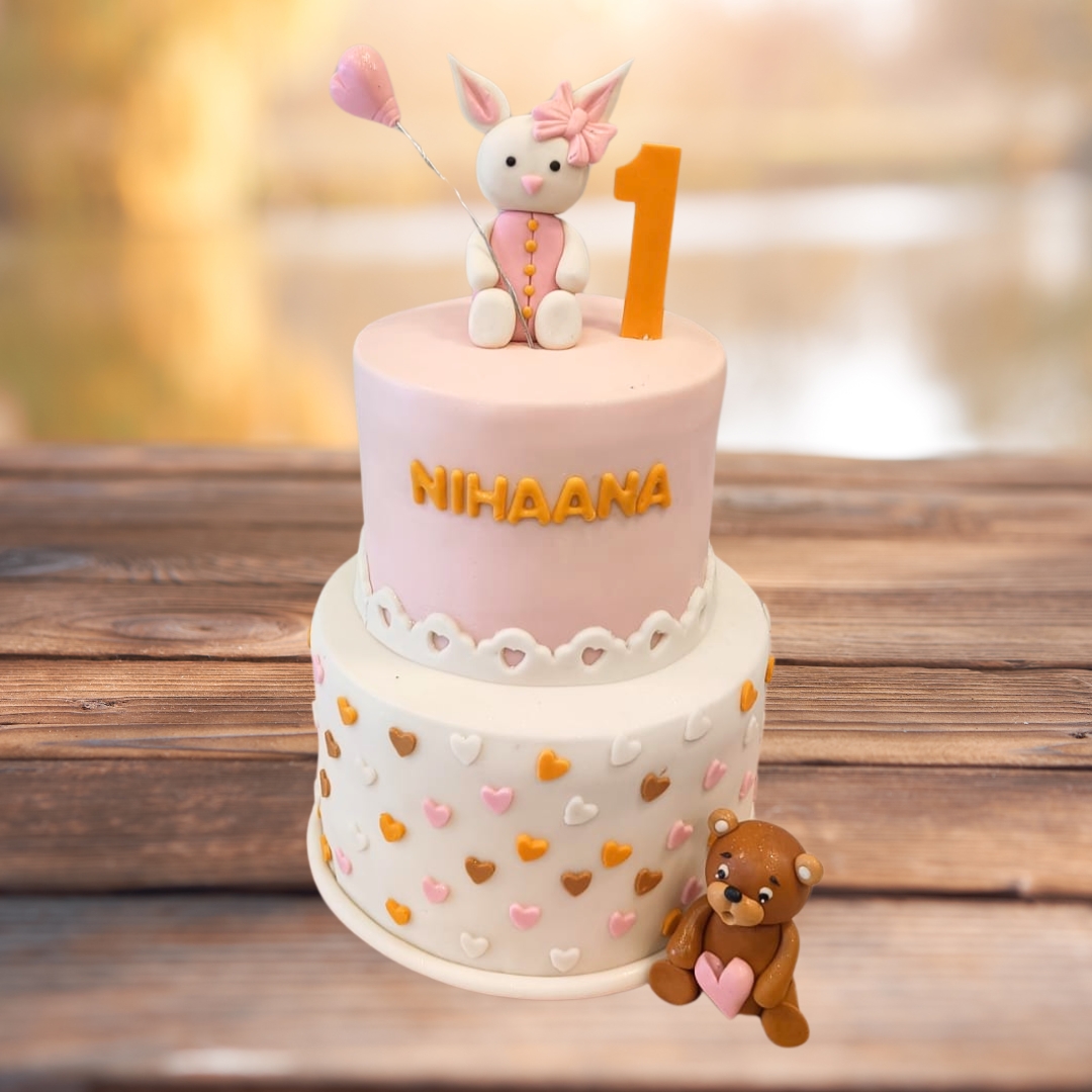 Amazing Pink Bunny 3 Kg First Birthday Cake with adorable rabbit decorations