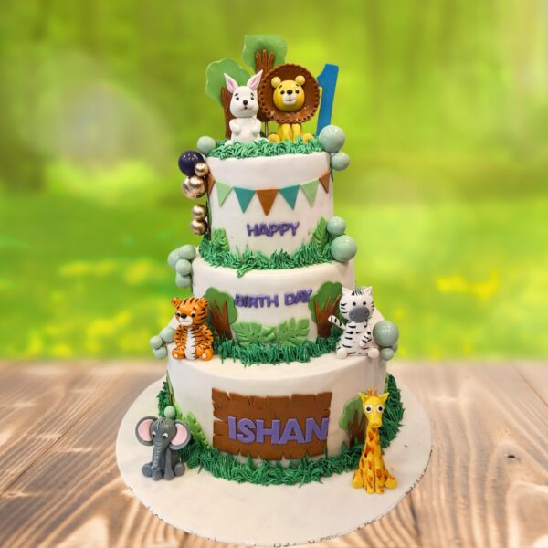 Best Animal Theme First Birthday Cake 7 Kg with colorful jungle creature decorations