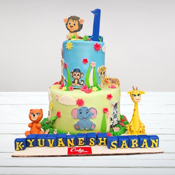 Amazing 2d Animals Kids First Birthday Cake 3 Kg with colorful animal illustrations