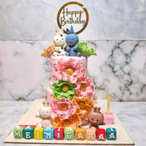 "Bunny Flowers First Birthday Cake 5 Kg. Colorful 5 kg birthday cake with bunny and flower decorations, perfect for a child's first birthday celebration. "