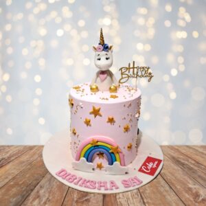 "Great Unicorn Girl Birthday Cake 1 Kg. Colorful unicorn-themed birthday cake with rainbow mane and golden horn"