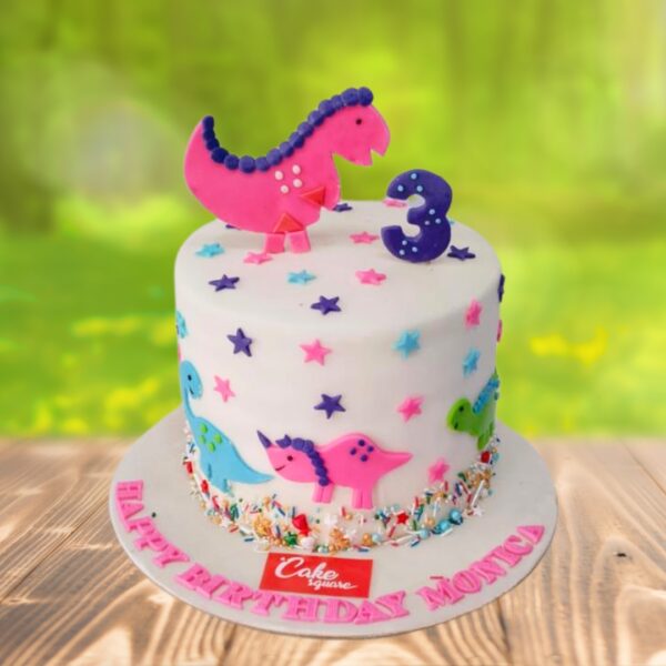 "Pink Dinosaur Birthday Cake 1 Kg. Pink birthday cake shaped like a cute cartoon dinosaur"