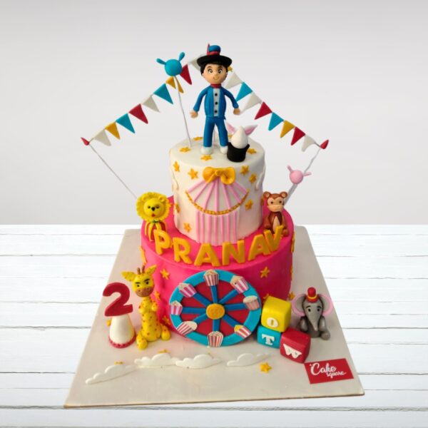 Amazing Circus Theme Cake 4 kg with multi-tiered design, acrobatic figurines, big top elements, and vibrant carnival colors