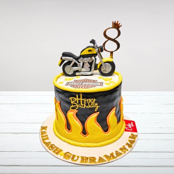 Amazing Harley Davidson Bike Birthday cake 1 Kg sculpted to resemble a Harley Davidson motorcycle, with iconic logo and realistic bike details