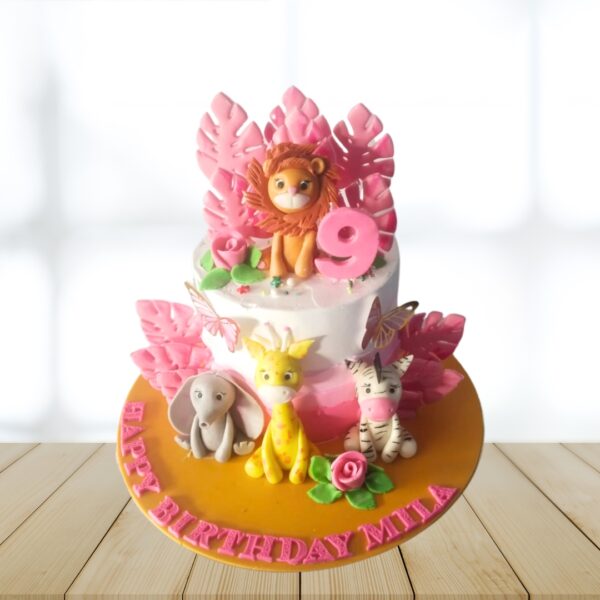 Best Pink Animal theme Birthday Cake 2 Kg with cute animal designs, floral accents, and whimsical woodland-inspired decorations