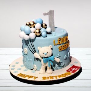 Blue Teddy Boys First Birthday Cake 2Kg with cuddly bear-themed decorations