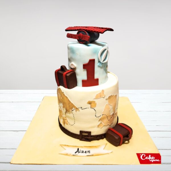 "World Traveller Theme Cake, 3 Kg, featuring iconic landmarks and travel-inspired decorations, ideal for globetrotters and adventure lovers."