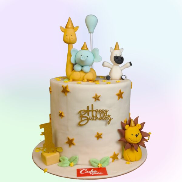 A beautiful cream coloured cake decorated with handmade sugar toys of baby animals with little birthdya hats and stars twinkling around them is our Animal Childrens first Birthday Cakes 4 Kg made by Cake Square Team