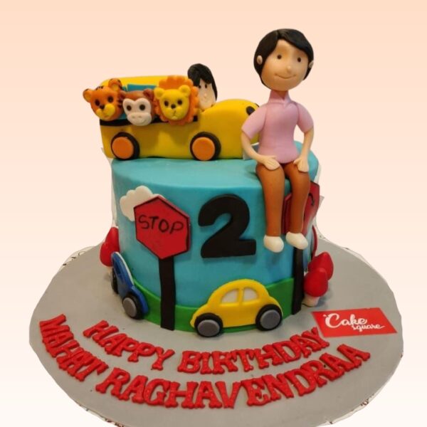 Animals In Car Boys Birthday Cake 2 Kg featuring adorable animals driving colorful vehicles, 2 kg