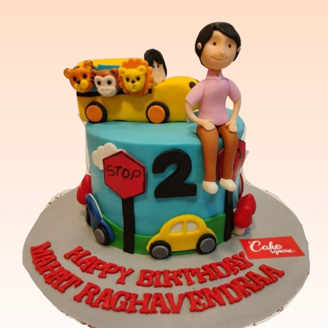 Animals In Car Boys Birthday Cake 2 Kg featuring adorable animals driving colorful vehicles, 2 kg