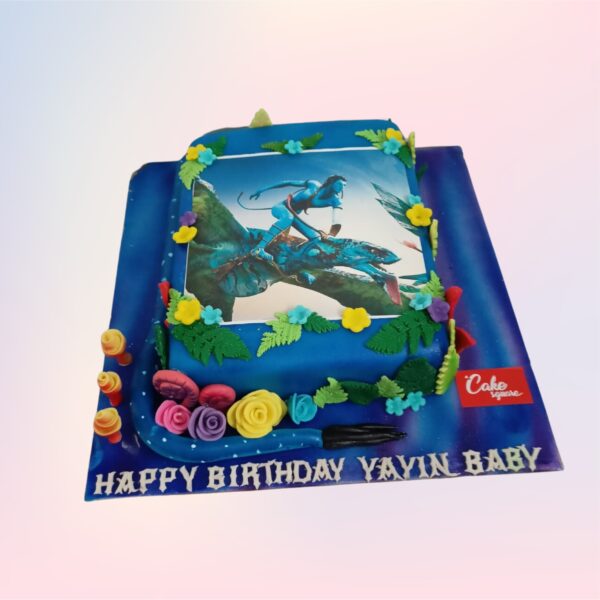 "2 kg square black forest cake with Avatar-themed photo decoration"