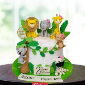 "Baby Animals Theme kids Birthday Cake 1 Kg featuring cute baby animal decorations, perfect for a charming and playful second birthday celebration."