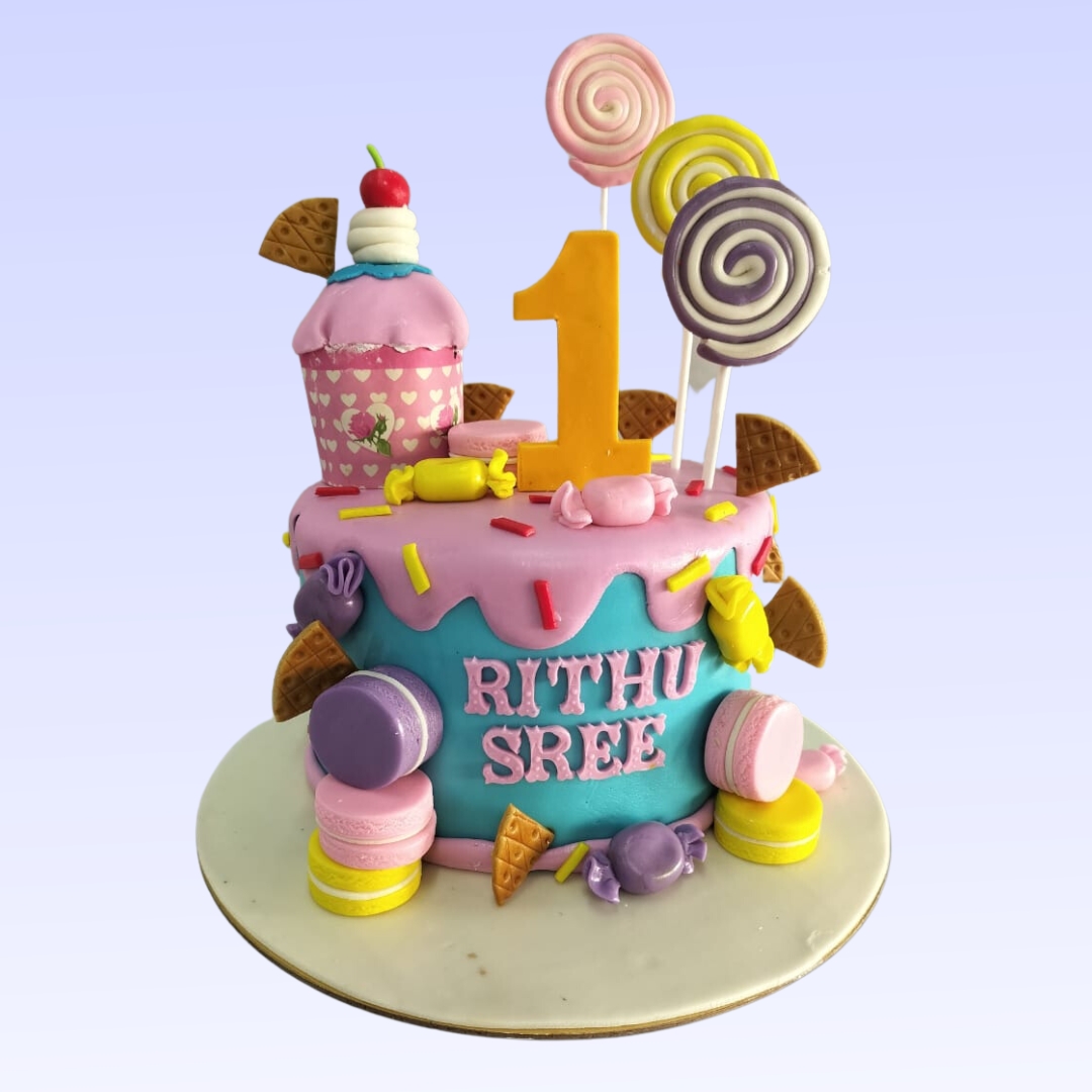 Fully decorated candy cupcake themed kids birthday cake 2 kg, bursting with colors and sweet treats