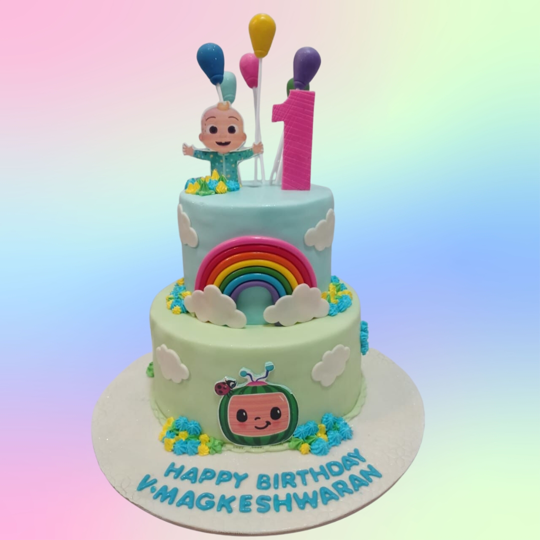 "Cocomelon Baby Boy Birthday Cake 4 Kg featuring colorful characters, perfect for a baby boy's celebration."