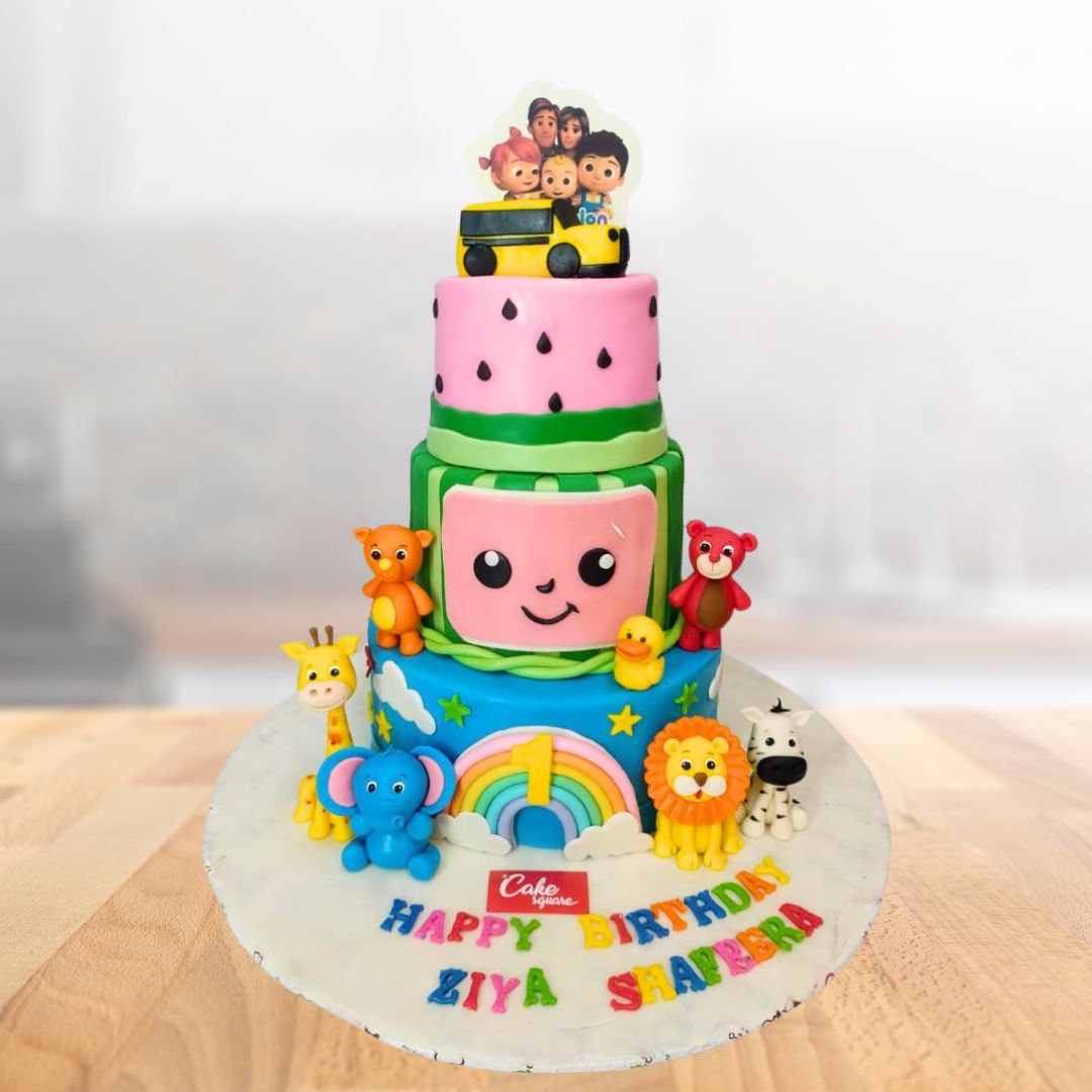 "Cocomelon First Birthday Cake 6 Kg with vibrant Cocomelon decorations, perfect for a fun and colorful first birthday celebration."