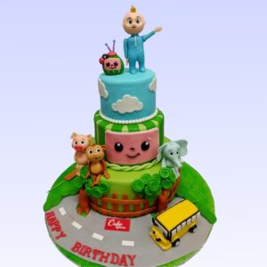 Cocomelon Theme 3tier Kids First Birthday Cake with cascading characters and musical notes