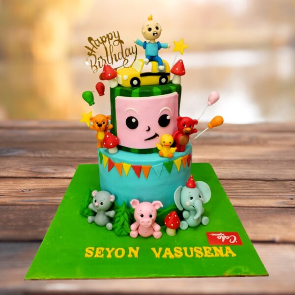 "Cocomelon Theme First Birthday Cake 5 Kg with colorful Cocomelon decorations, perfect for a fun and joyful first birthday celebration."