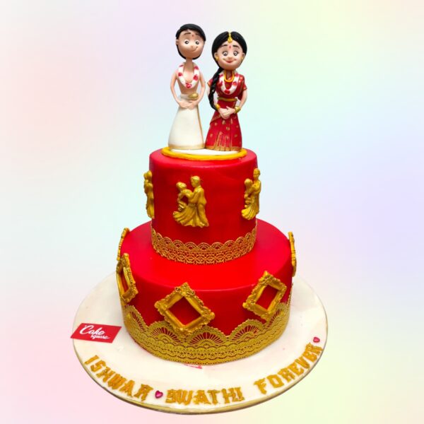 Charming Cute Couple Red Wedding Cake 3 Kg featuring vibrant red tiers adorned with adorable couple-themed decorations and romantic accents, crafted by Cake Square Chennai.