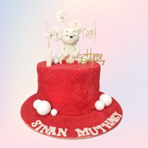 Cute Teddy Red Velvet First Birthday Cake 2 Kg,decorated with a cute teddy bear theme, perfect for a child’s first milestone.