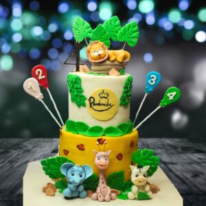 "Excellent Animal First Birthday Cake Kids 5 Kg with vibrant animal-themed decorations, ideal for a fun and exciting first birthday celebration."