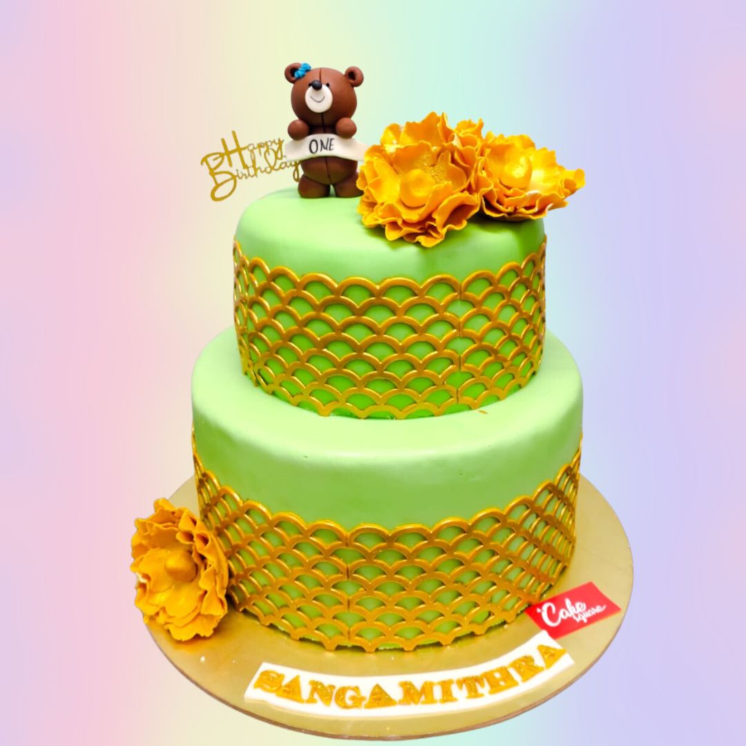 "Fancy First Birthday Cake 4 Kg with Teddy featuring a cute teddy bear design, perfect for a delightful and memorable first birthday celebration."