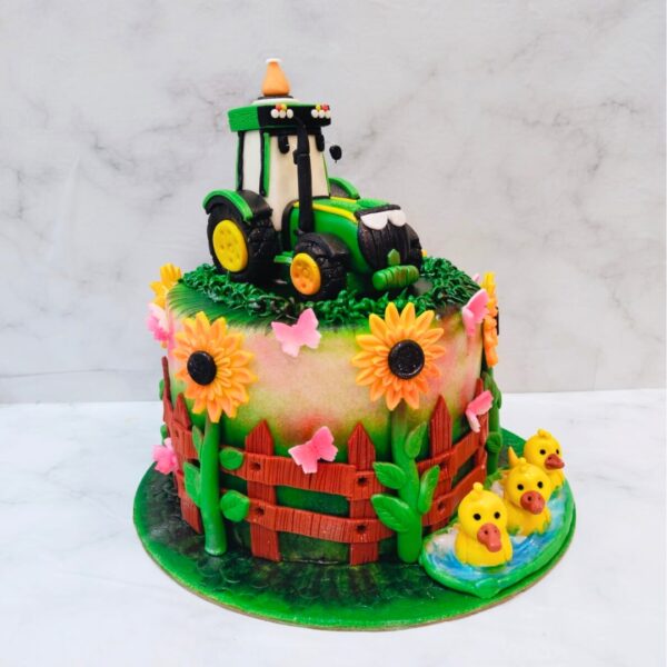 "Farm Tractor Theme Kids Birthday Cake 1 Kg featuring vibrant farm tractor decorations, perfect for a fun and adventurous birthday celebration."