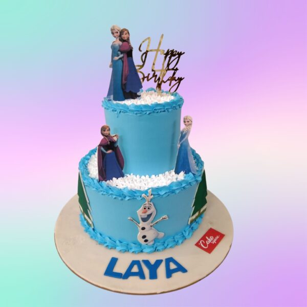 "Frozen Theme Girls Birthday Cake in Cream 4 Kg with detailed Frozen characters and a winter wonderland design."