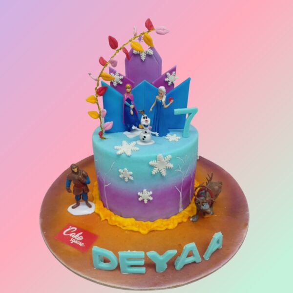 "Frozen Movie Theme Birthday Cake With Toys 1 Kg featuring Frozen characters and toys, perfect for a Frozen-themed birthday celebration."