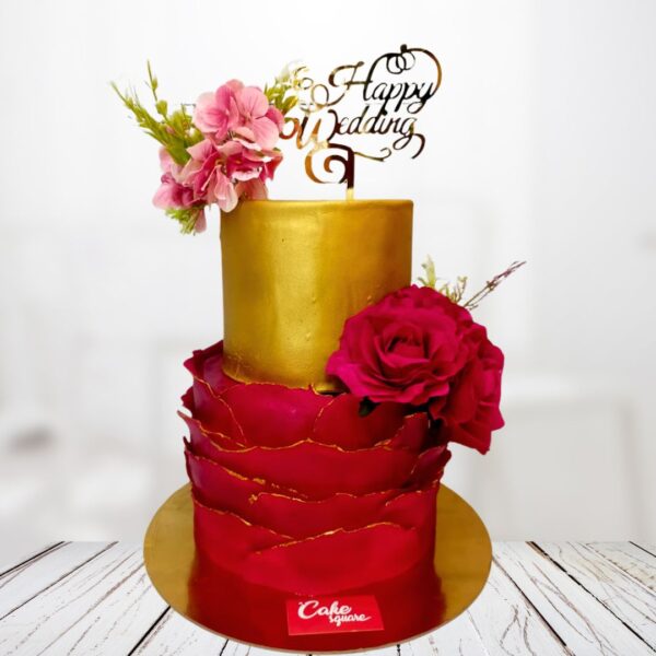 Gold Red Ruffle Amazing Wedding Cake 5 Kg from Cake Square Chennai.