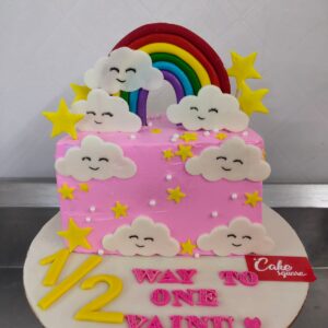 "Half Birthday Cake Cloud Theme 1 Kg featuring soft cloud decorations, perfect for a dreamy half-birthday celebration."