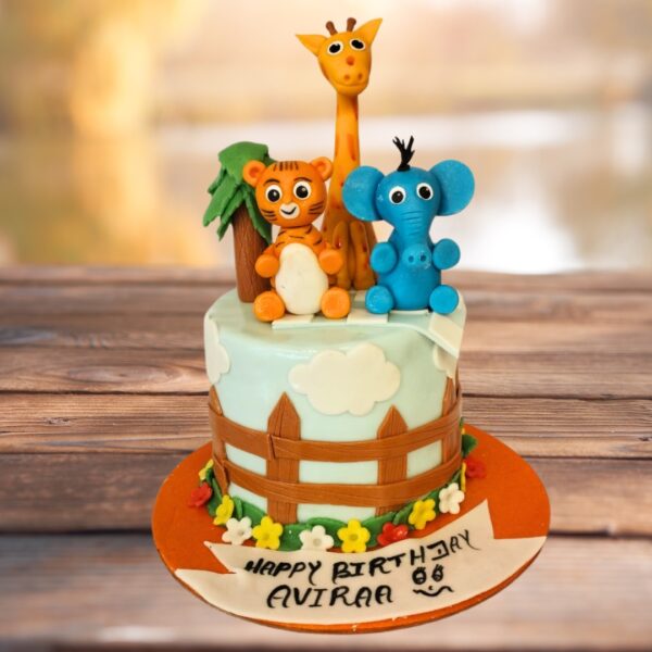 "Happy Animals Kids Birthday Cake 1 Kg with cheerful animal decorations, perfect for a fun and joyful birthday celebration."